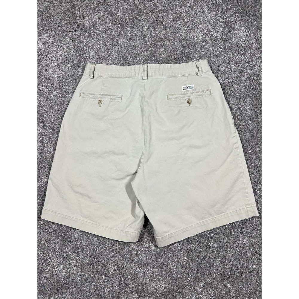 VTG Polo Ralph Lauren Shorts Mens 32 Beige Khaki Pleated Distressed Preppy 90s
